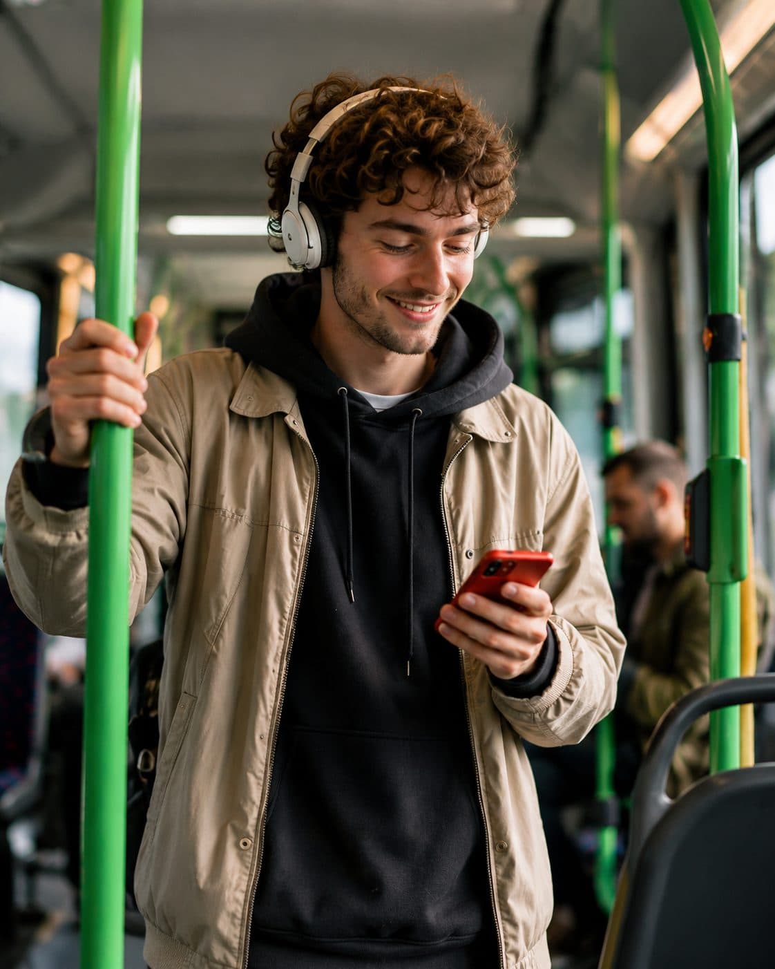 Junger Mann mit Kopfhörern und Smartphone im Bus